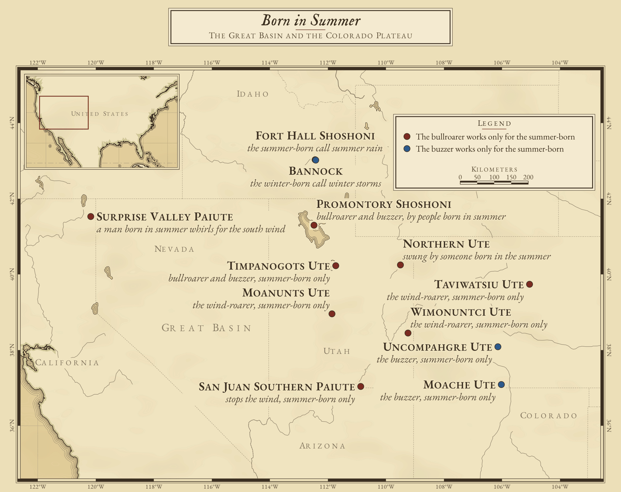 Engraved chart of the Great Basin and the Colorado Plateau in the western United States, with an inset placing it in North America. Brick signs mark the bands whose bullroarer worked only for someone born in summer: the Surprise Valley Paiute in north-eastern California, the Promontory Shoshoni north of the Great Salt Lake, the Northern Ute of the Uintah Basin, the Timpanogots, Moanunts and Wimonuntci Ute of Utah, the Taviwatsiu Ute of Colorado and the San Juan Southern Paiute at Navajo Mountain in Arizona. Indigo signs mark the bands where the rule is given for the buzzer: the Fort Hall Shoshoni and the Bannock in Idaho, and the Uncompahgre and Moache Ute in Colorado.