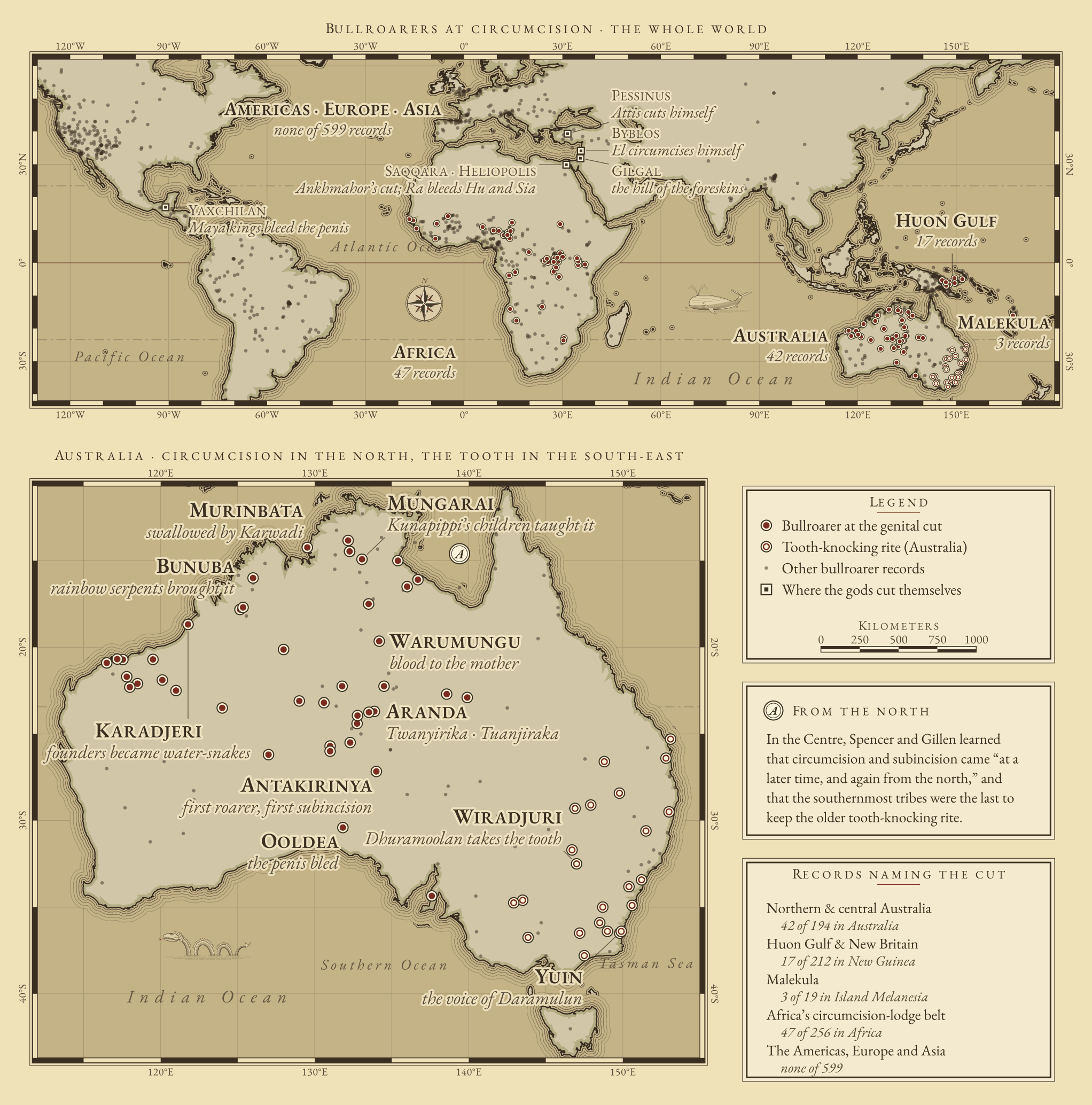 Engraved world chart of bullroarer records: those whose sources name circumcision, subincision or incision fall in northern and central Australia, the Huon Gulf and New Britain, Malekula and Africa, among hundreds of other records with none in the Americas, Europe or Asia; an Australian inset sets circumcision in the north against the tooth-knocking rite of the south-east.