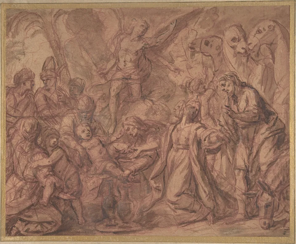 A red chalk and wash drawing: a crowd of robed figures gathers round a child held on a woman's lap while a kneeling figure operates; an angel hovers above and camels look on from the right.