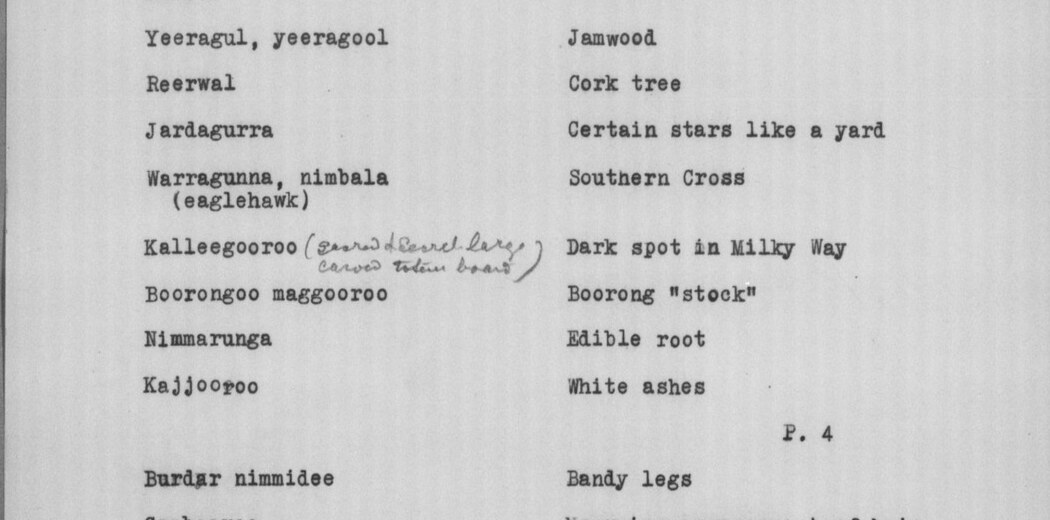 Typed Broome vocabulary row reading Kalleegooroo, sacred and secret large carved totem board, opposite Dark spot in Milky Way.