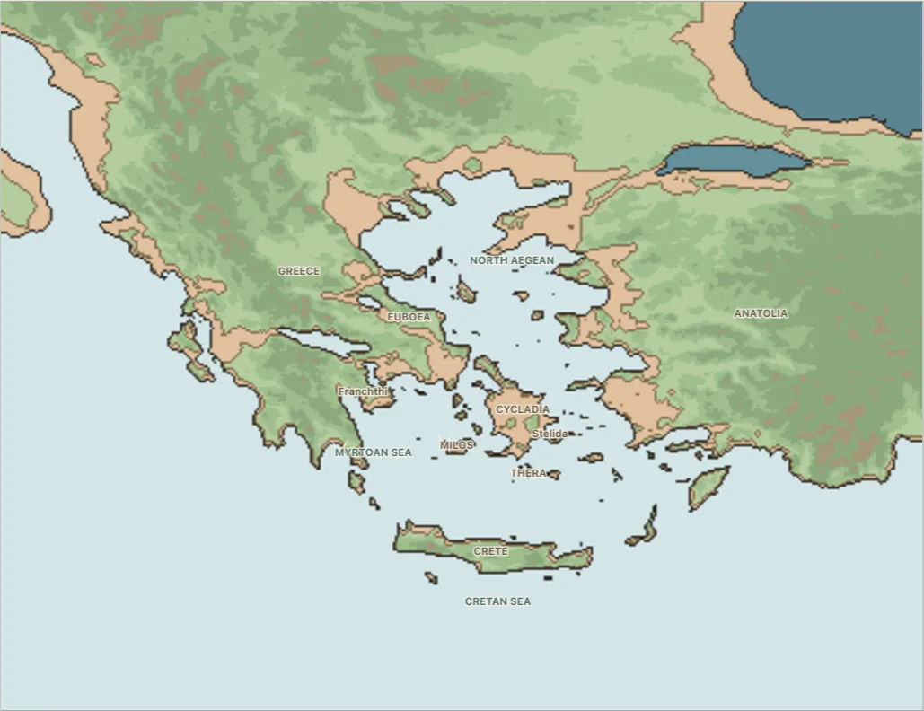 Map of the central Aegean before Cycladia divided into islands