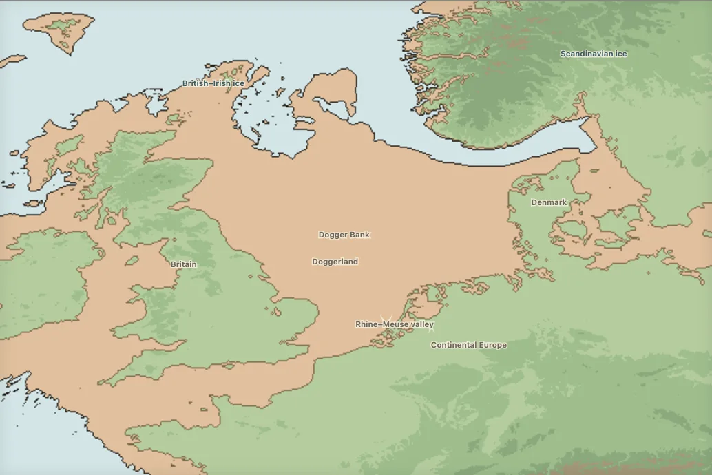 Map of Doggerland joining Britain to continental Europe