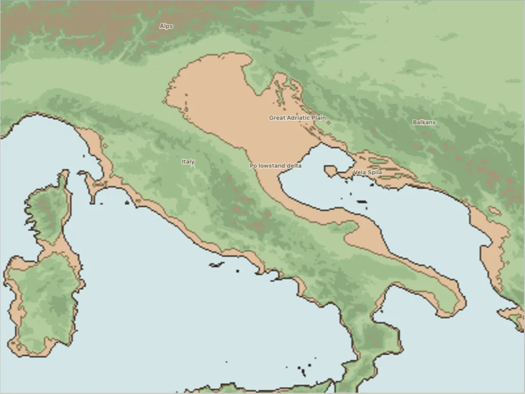 Map of the Great Adriatic Plain crossed by the ancient Po