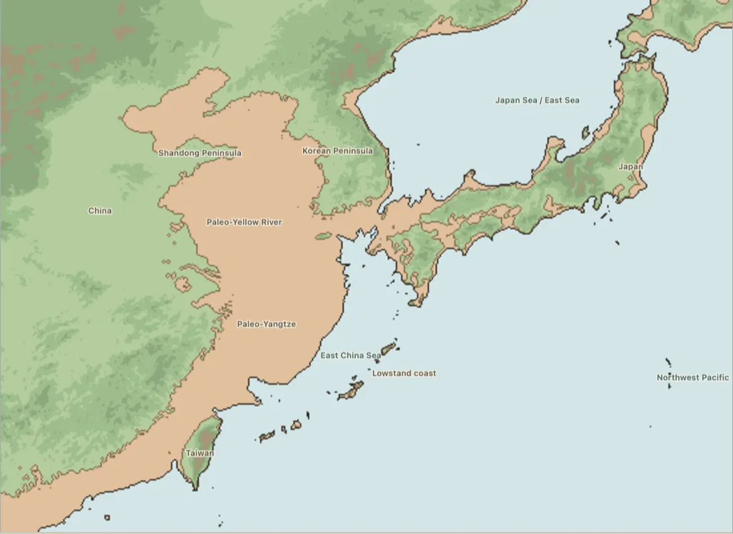 Map of the exposed shelf beneath the Bohai, Yellow and East China seas