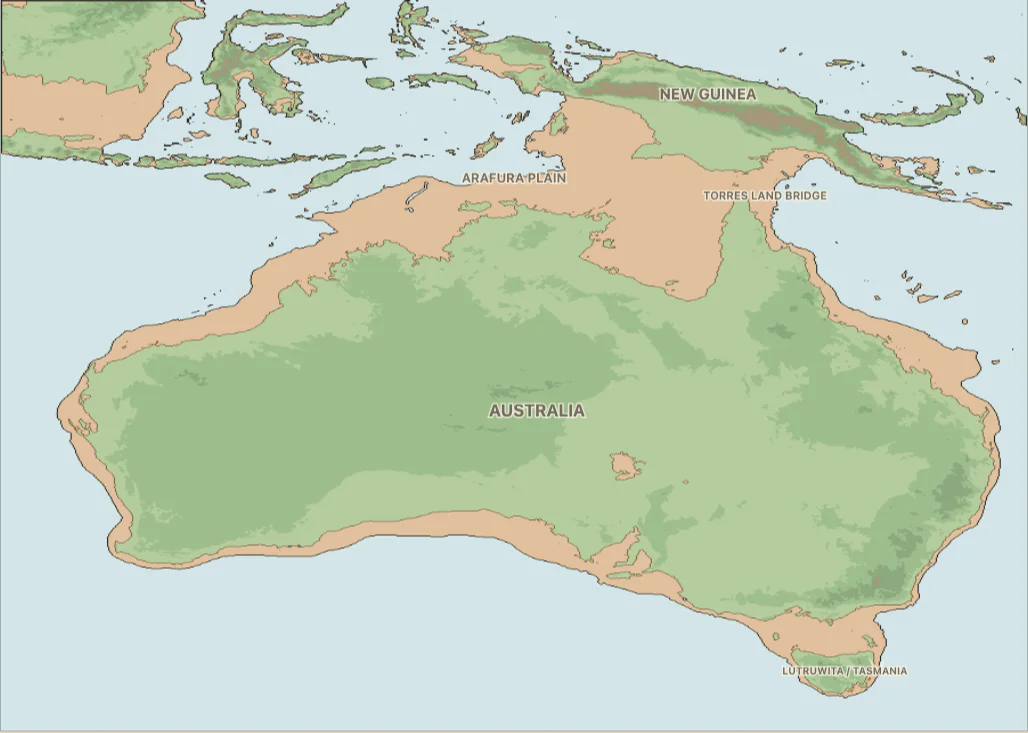 Map of Sahul when Australia, New Guinea and Tasmania formed one continent