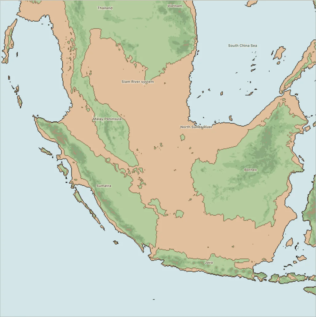 Map of Sundaland joining Borneo, Java and Sumatra to mainland Asia