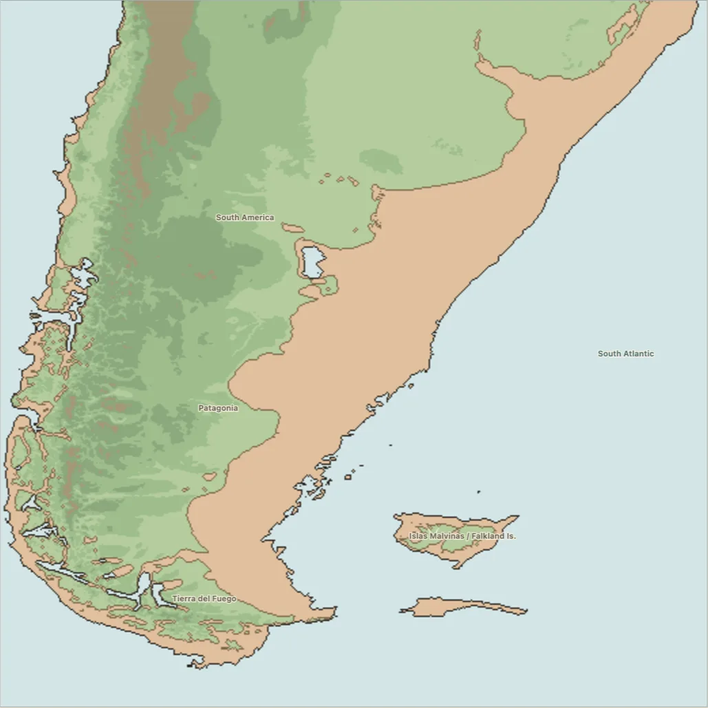 Map of the exposed Patagonian Shelf and its distant Atlantic coast