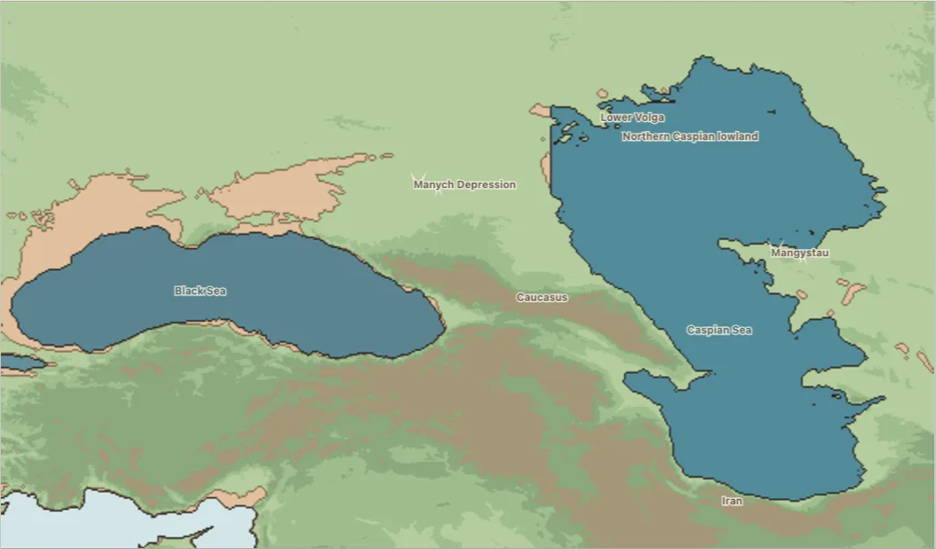 Map of the Caspian expanding across its shallow northern basin