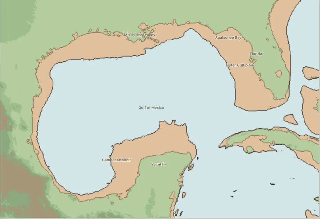Map of Florida extending far across the exposed Gulf shelf