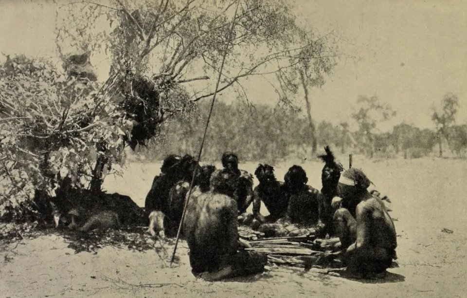 A group of Arrernte men sit and kneel in a close circle under a tree, bent over objects laid out between them.