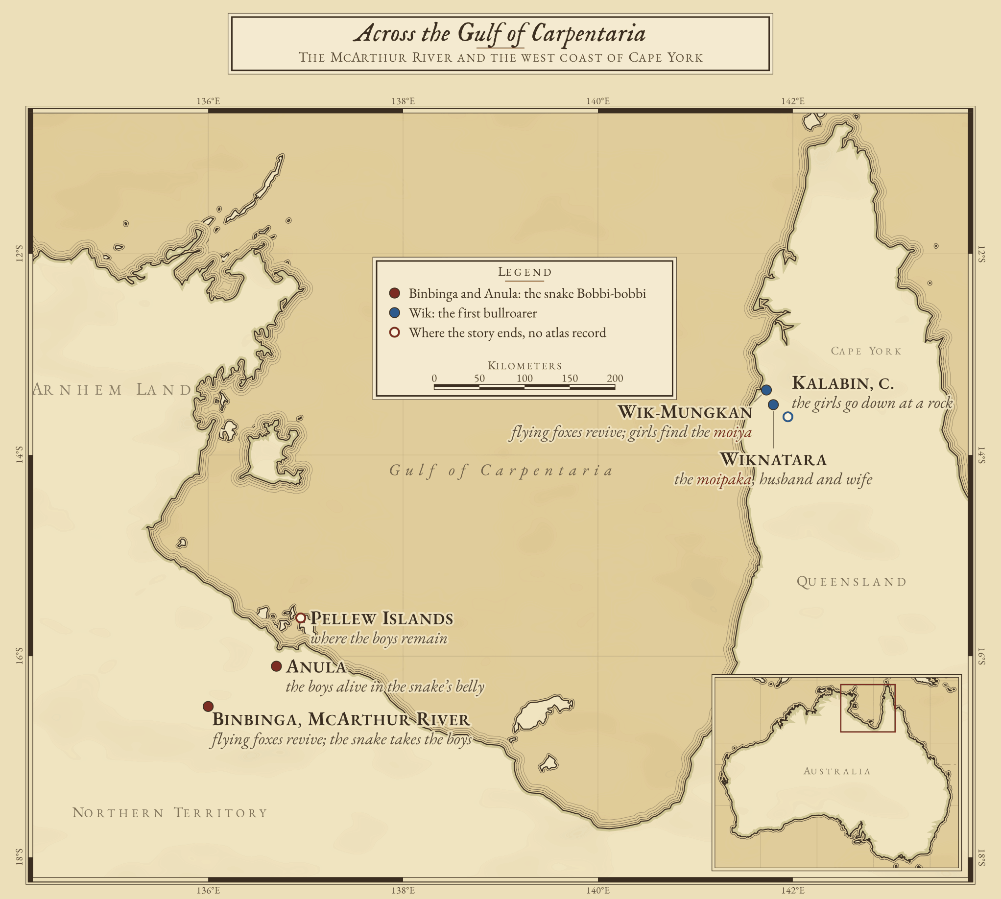 Engraved chart of the Gulf of Carpentaria in northern Australia, with an inset placing the Gulf on the continent. Brick signs on the western shore, in the Northern Territory, mark the Binbinga of the McArthur River and their Anula neighbours. Indigo signs on the eastern shore, on Cape York in Queensland, mark the Wik-Mungkan and the Wiknatara near Aurukun. Open rings mark where each story ends: the Pellew Islands, and Kalabin on the Watson River.