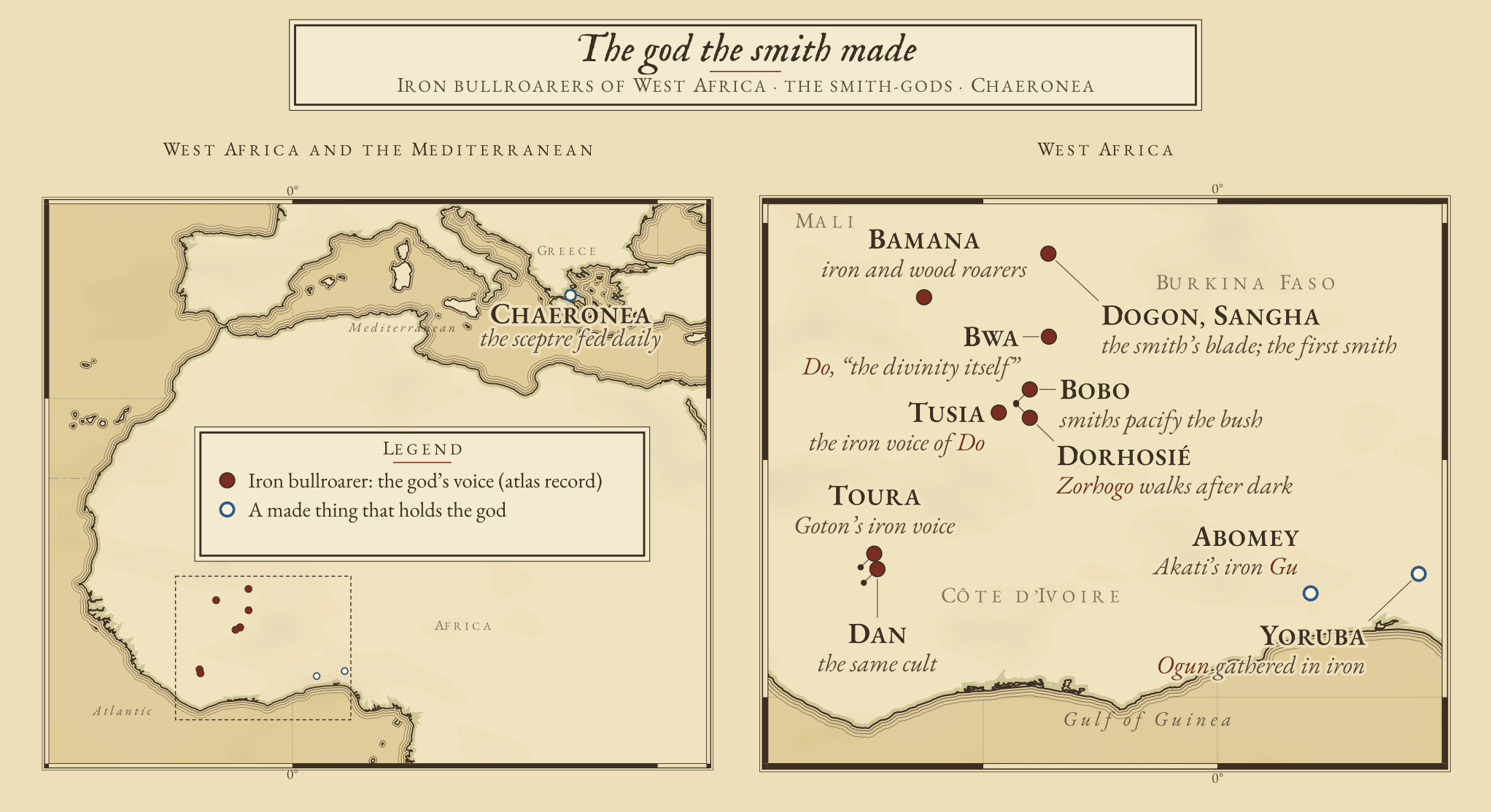 Chart of West Africa and the Mediterranean. Brick signs mark the peoples whose god speaks through an iron bullroarer made by a smith: the Dogon at Sangha and the Bamana and Bwa in Mali; the Bobo, the Dorhosié with their god Zorhogo and the Tusia around Bobo-Dioulasso in Burkina Faso; and the Toura and Dan of western Côte d’Ivoire. Indigo outline signs mark made things that hold a god: Ogun’s gathered iron among the Yoruba of Nigeria, Akati’s iron figure of Gu at Abomey in Benin, and the sceptre of Hephaestus worshipped at Chaeronea in Greece. A locator is followed by an enlarged view of West Africa.