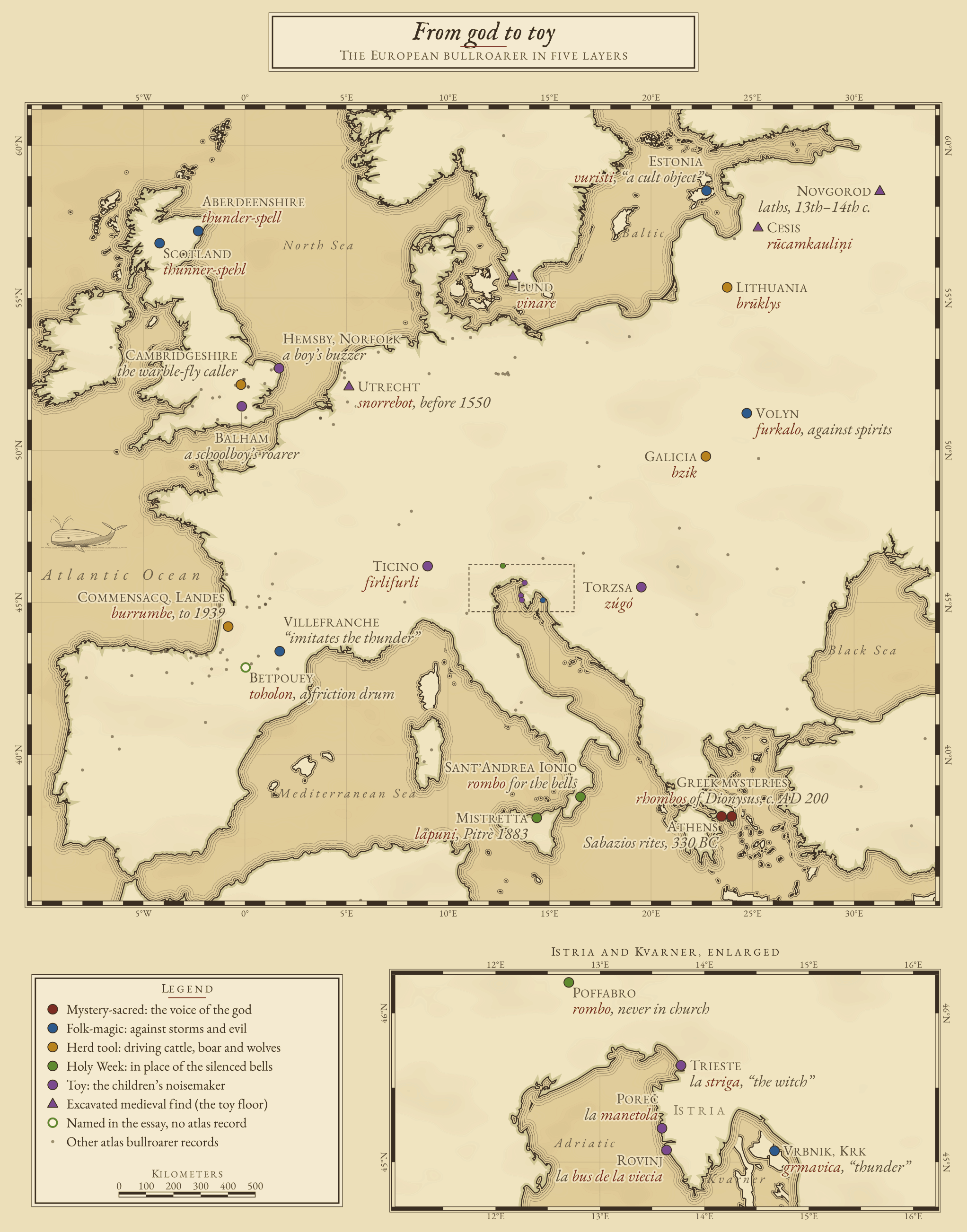 Engraved chart of Europe with the bullroarer records the essay stacks into five layers. Brick signs at Athens mark the mystery-sacred layer, the Sabazios rites and the Dionysiac mysteries. Indigo signs mark folk-magic against storms and evil: the Scottish thunder-spell, Villefranche-de-Lauragais, Volyn, the Estonian vuristi and the grmavica of Krk. Ochre signs mark the herd tool: Cambridgeshire, the Landes, Galicia and Lithuania. Green signs mark the Holy-Week bell-substitute at Sant’Andrea Ionio, Mistretta, Poffabro and, as an outline, the Betpouey toholon. Violet signs mark the toy, with triangles for the excavated medieval finds at Novgorod, Cēsis, Lund and Utrecht, and circles for Ticino, Torzsa, Norfolk, Balham, Trieste, Rovinj and Poreč. An enlarged view shows the Istrian and Kvarner coast.