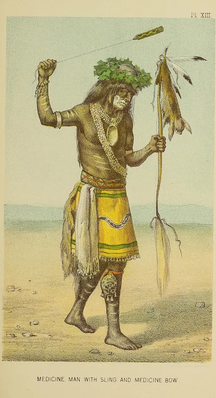 A colour lithograph of a Hopi medicine man in a leaf crown and kilt, whirling a bullroarer overhead on a cord, a feathered bow in his other hand.