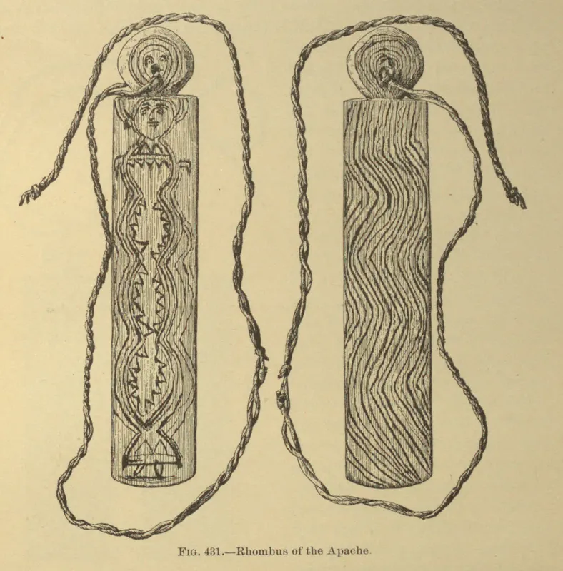 Front and back of an Apache bullroarer drawn side by side: a human-headed figure with a zigzag body on the front, wavy lines on the back, each with its cord.
