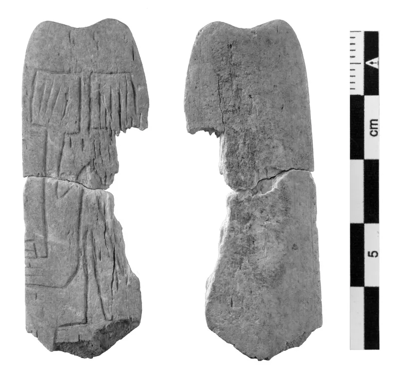 Front and back of a broken grey bone plaque with incised lines, beside a centimetre scale.