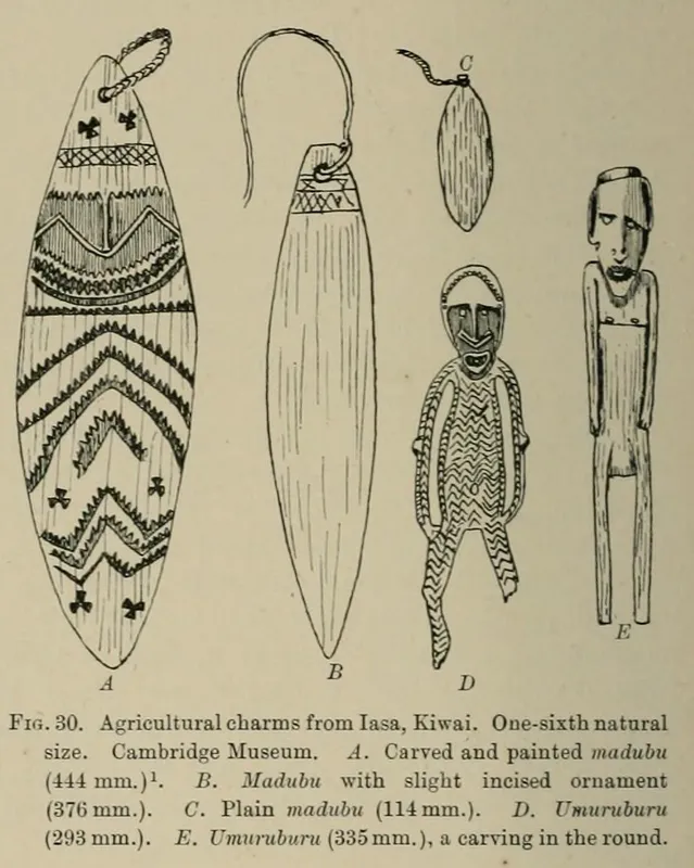 Line drawing of three leaf-shaped Kiwai bullroarers, one carved and painted with chevrons, beside two small carved human figures.