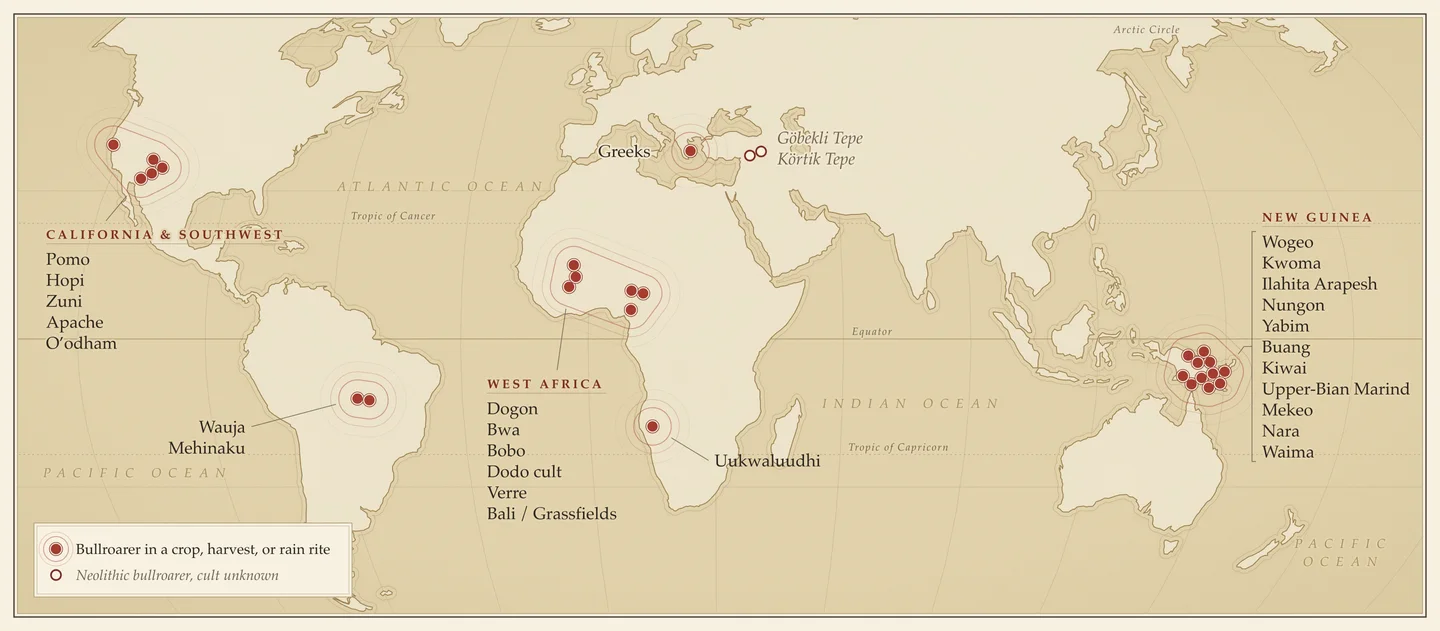 A parchment world map with red dots for peoples who sound the bullroarer in crop, harvest or rain rites: a dense cluster in New Guinea, a band across West Africa, one in Namibia, a cluster in the American Southwest and California, two in the Upper Xingu, Greece, and two open circles for the Neolithic sites of Göbekli Tepe and Körtik Tepe.