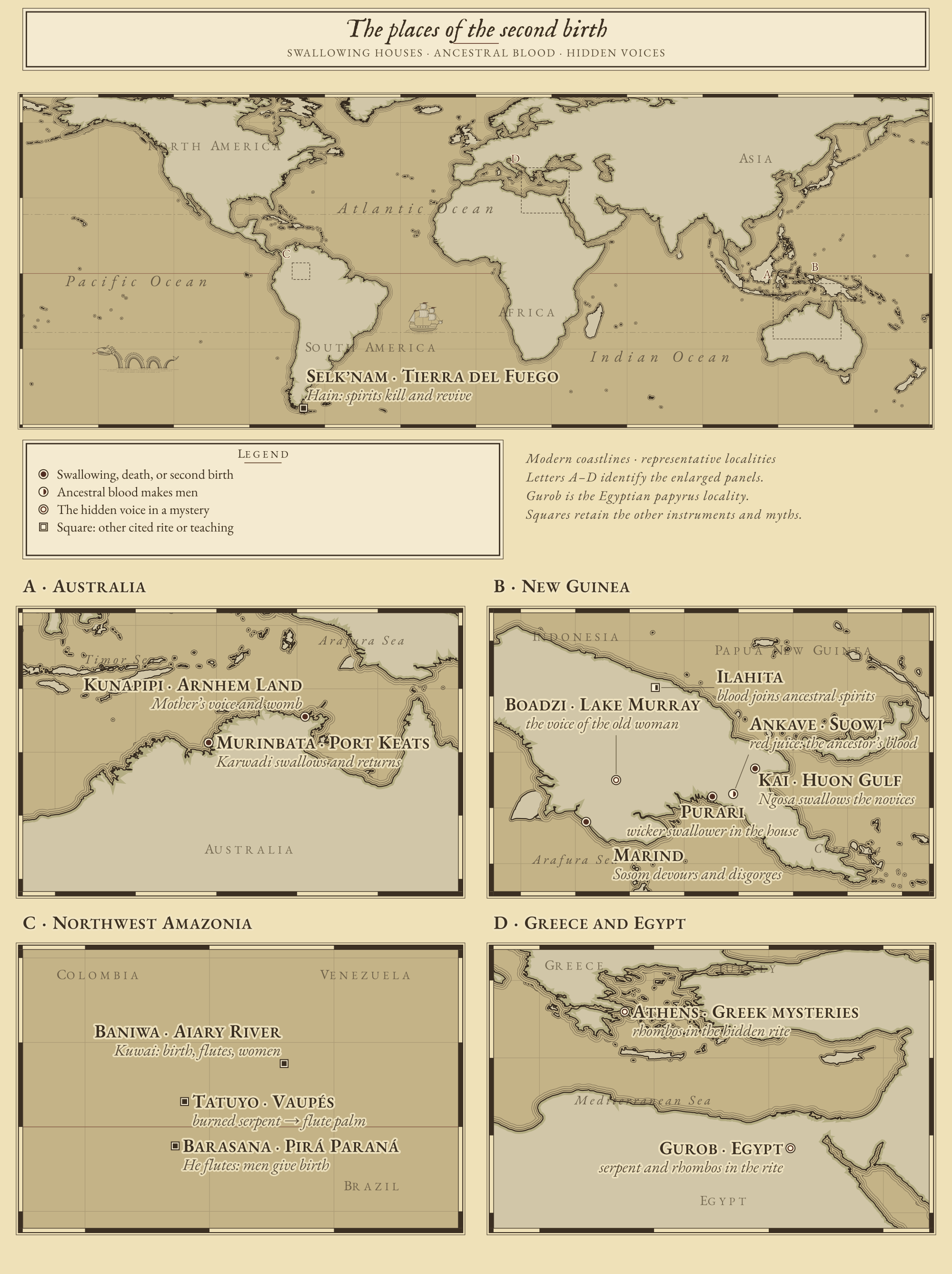 World chart of initiation and rebirth, including Australia, New Guinea, Amazonian flute rites, Greek mysteries and the Selk’nam Hain in Tierra del Fuego. Four enlarged panels locate crowded comparisons.