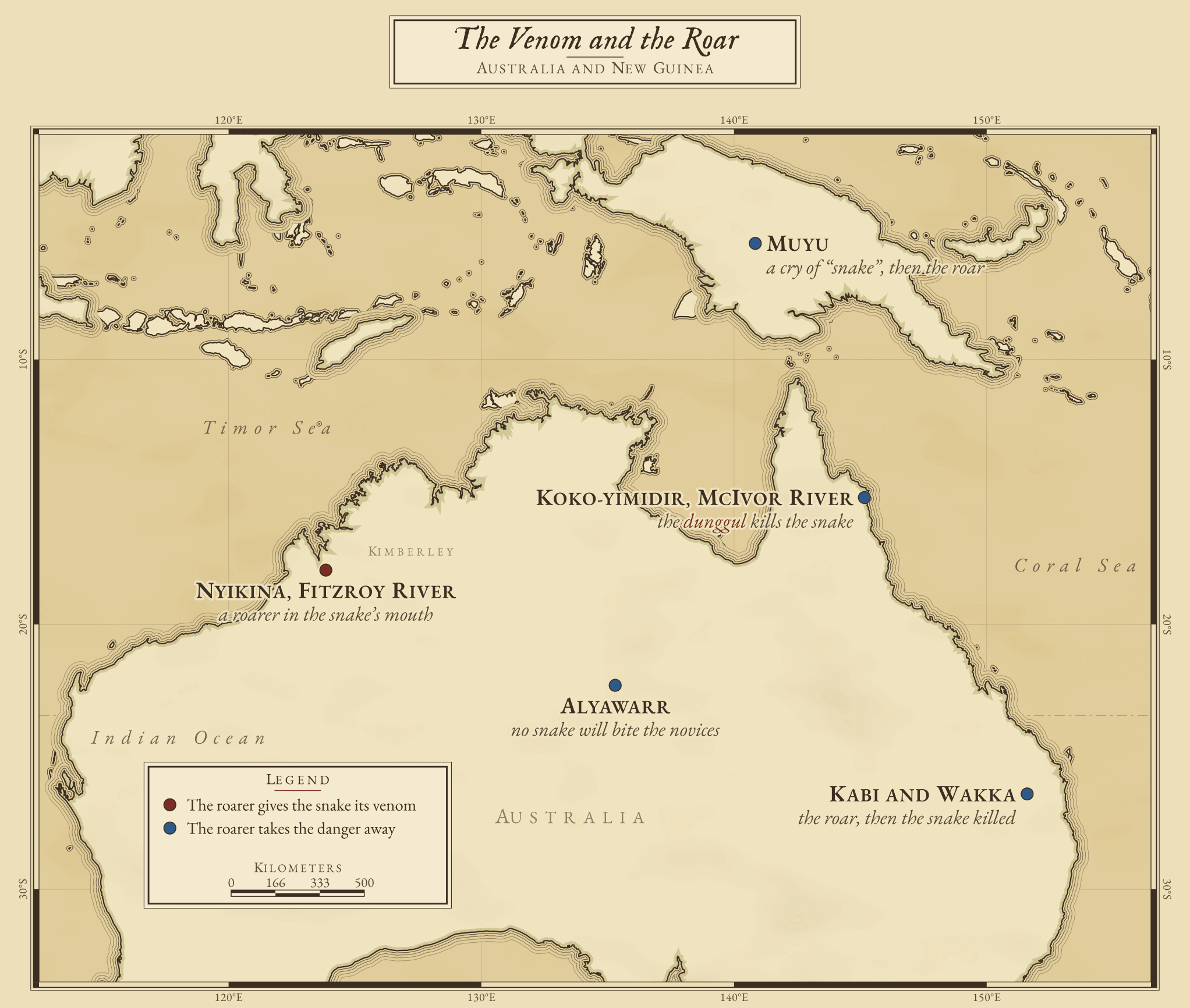 Engraved chart of Australia and New Guinea. A brick sign in the Kimberley of Western Australia marks the Nyikina, whose ancestral brothers put a bullroarer in the yellow snake's mouth to make it venomous. Indigo signs mark where the bullroarer takes the danger away: the Koko-yimidir of the McIvor River on Cape York, where the roarer kills the snake that bit the novice; the Alyawarr of central Australia, whose roarer guards the novices from snakebite; the Kabi and Wakka of south-east Queensland, who whirl the roarer over a snake killed before the boys; and the Muyu of South Papua in Indonesian New Guinea, whose roar answers a cry of "snake".