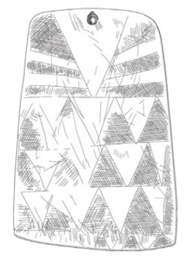 Line drawing of a trapezoidal plaque with a single biconical hole at the top and a field of filled triangles.