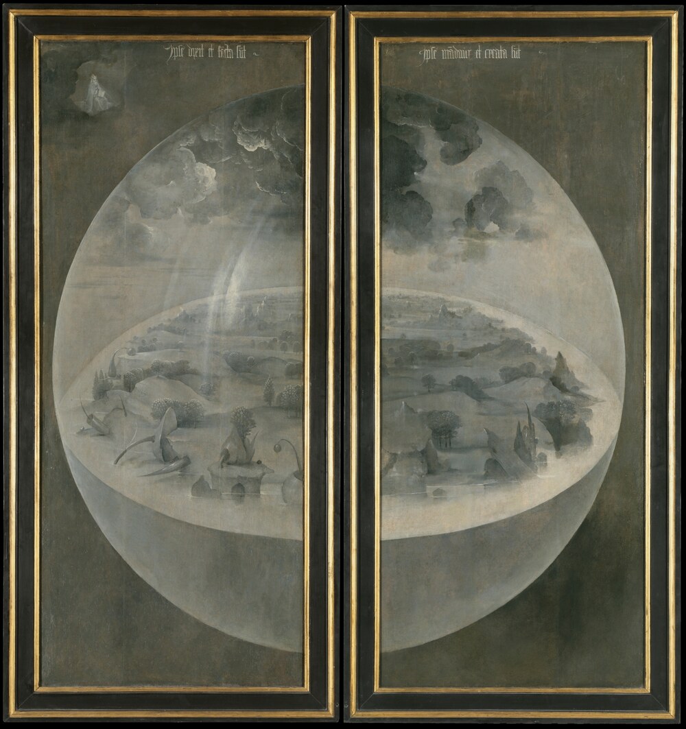 The closed shutters of the Garden of Earthly Delights showing a pale, newly created world inside a transparent sphere surrounded by darkness.