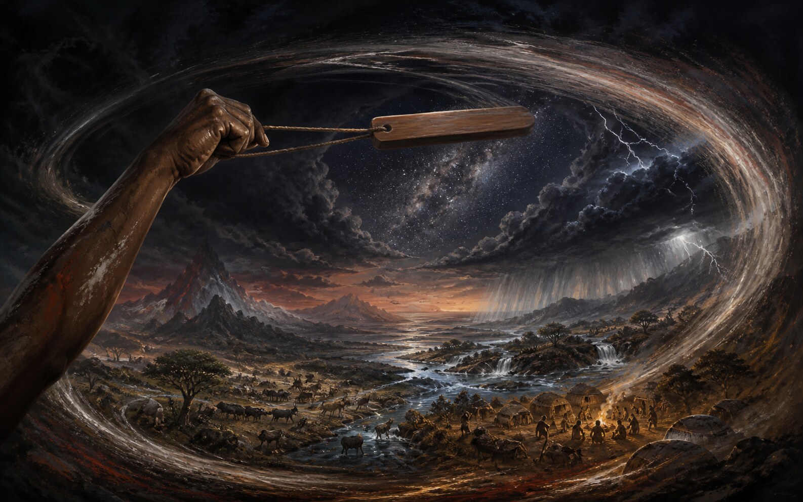 Concept illustration of a wooden bullroarer circling above a storm-lit landscape as its wake opens stars, rain, rivers, animals, and a human settlement.