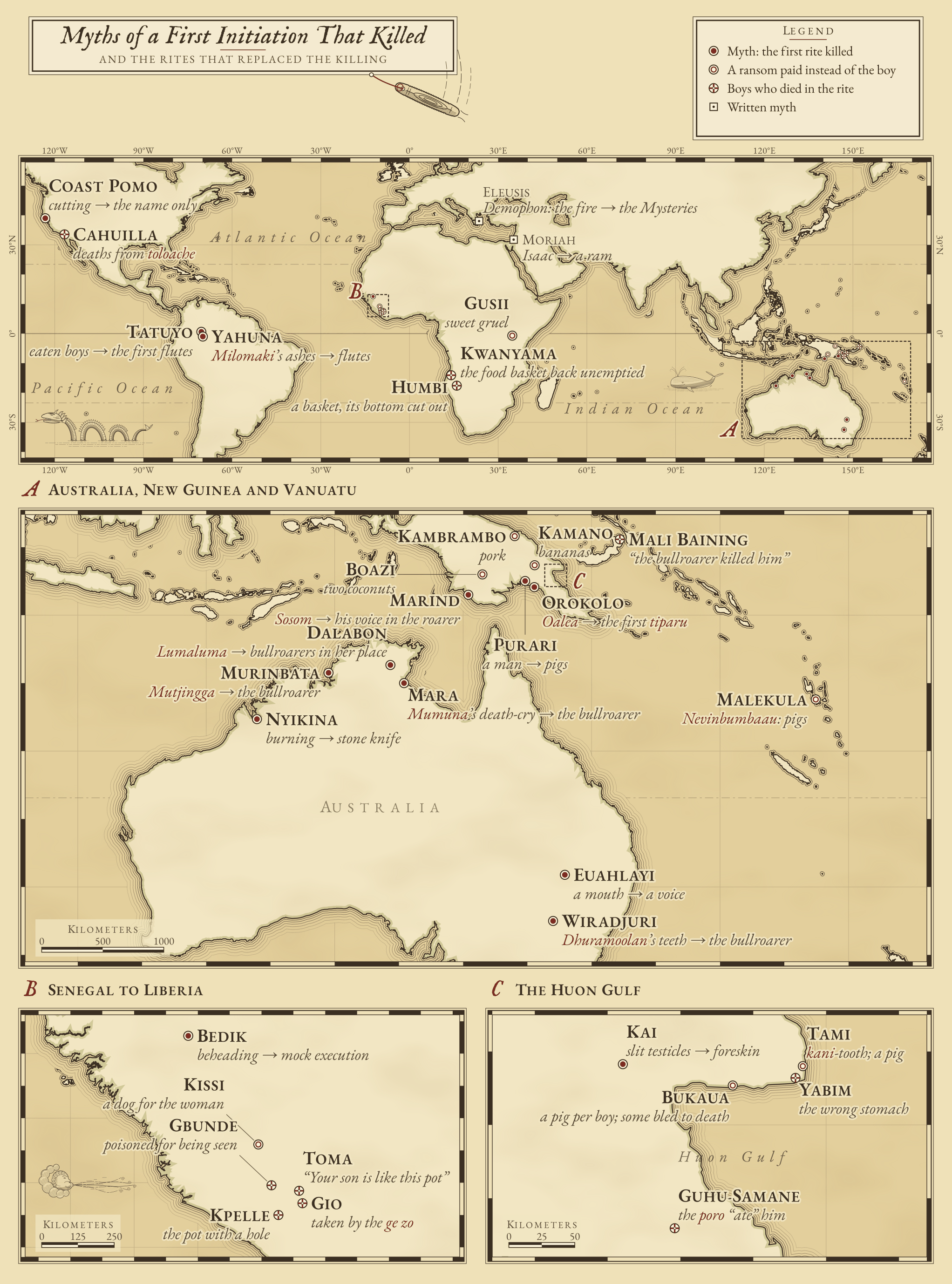 Engraved world chart of peoples who tell that the first initiation killed and was cut down to the rite as practised, from the Coast Pomo of California and the Tatuyo of the Vaupés to the Bedik of Senegal, Australia, New Guinea and the Huon Gulf, with the ransoms paid instead of the boys, the places where boys still died under the swallowing story, and the written myths of Eleusis and Moriah; loupes enlarge West Africa, Australia, New Guinea and Vanuatu, and the Huon Gulf.