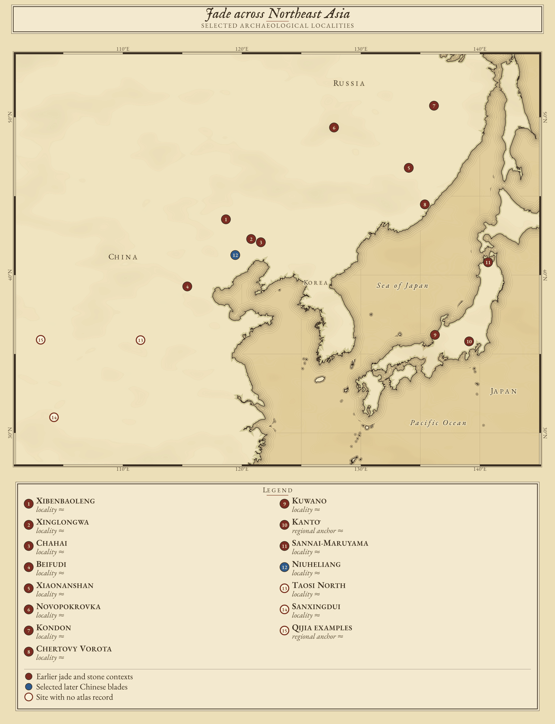 Selected localities in the jade comparison, from northern China and the Amur to Japan. Filled signs identify earlier jade and stone contexts; blue-centred signs identify selected later Chinese blades. Locations are approximate site, town or regional anchors. These signs locate the objects under discussion; they do not establish sounding use or a route of transmission.