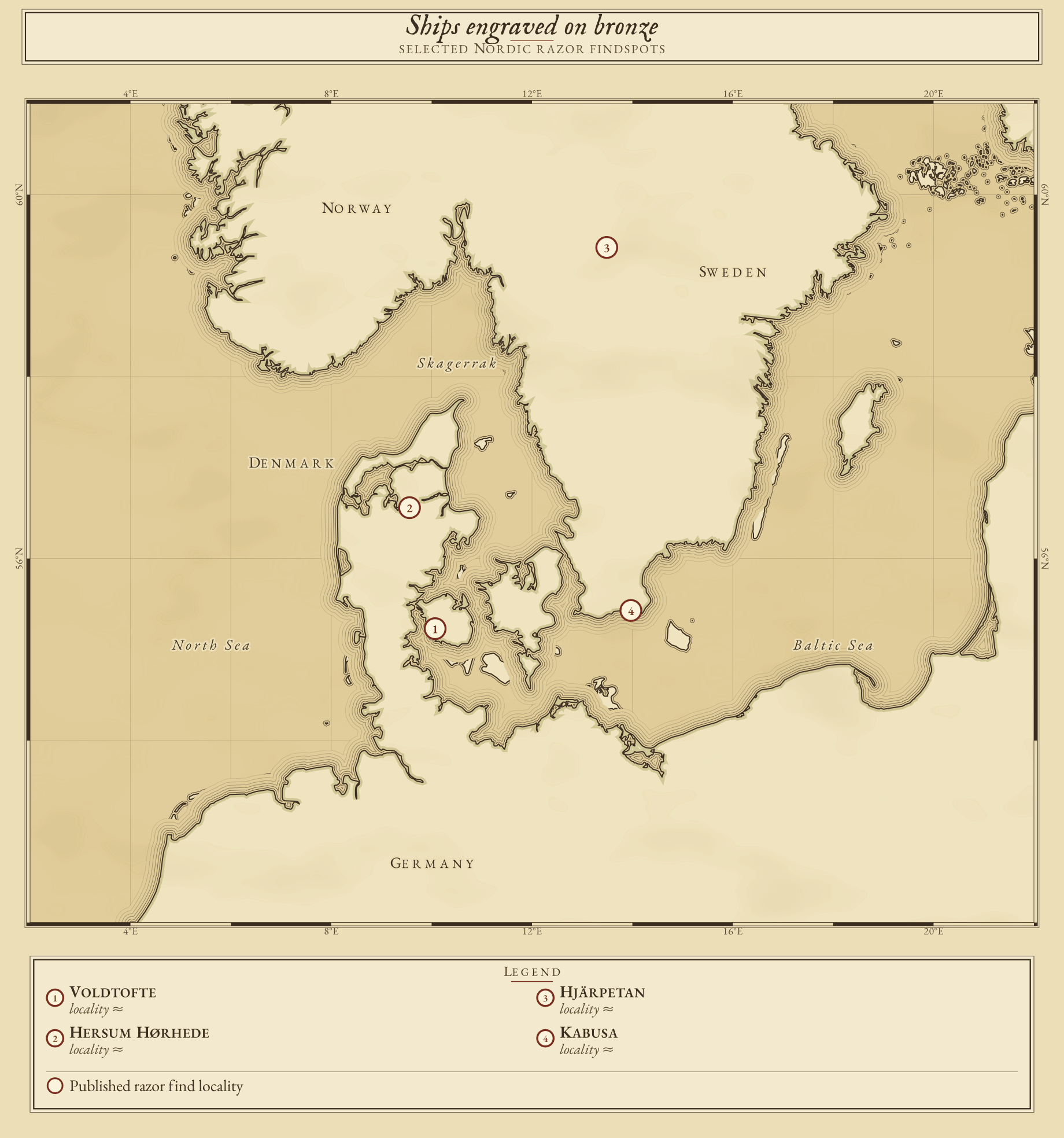 Selected razor find localities in Denmark and Sweden. Outlined brick circles use approximate locality anchors, not surveyed excavation positions. The geographical comparison does not establish an acoustic function.