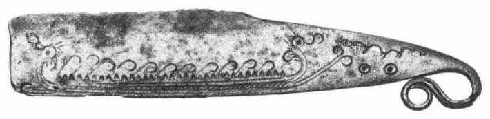 Photograph of the Fjeldsted bronze razor with engraved ornament and its complete surviving handle.