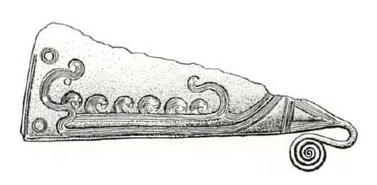 Published drawing of the Kongshøj razor, preserving its full surviving outline and engraved designs.