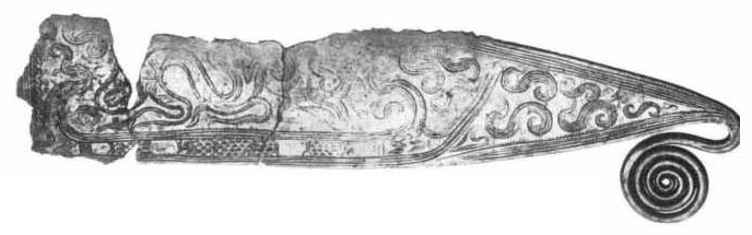 Photograph of the Voldtofte bronze razor with its surviving handle and cutting edge.
