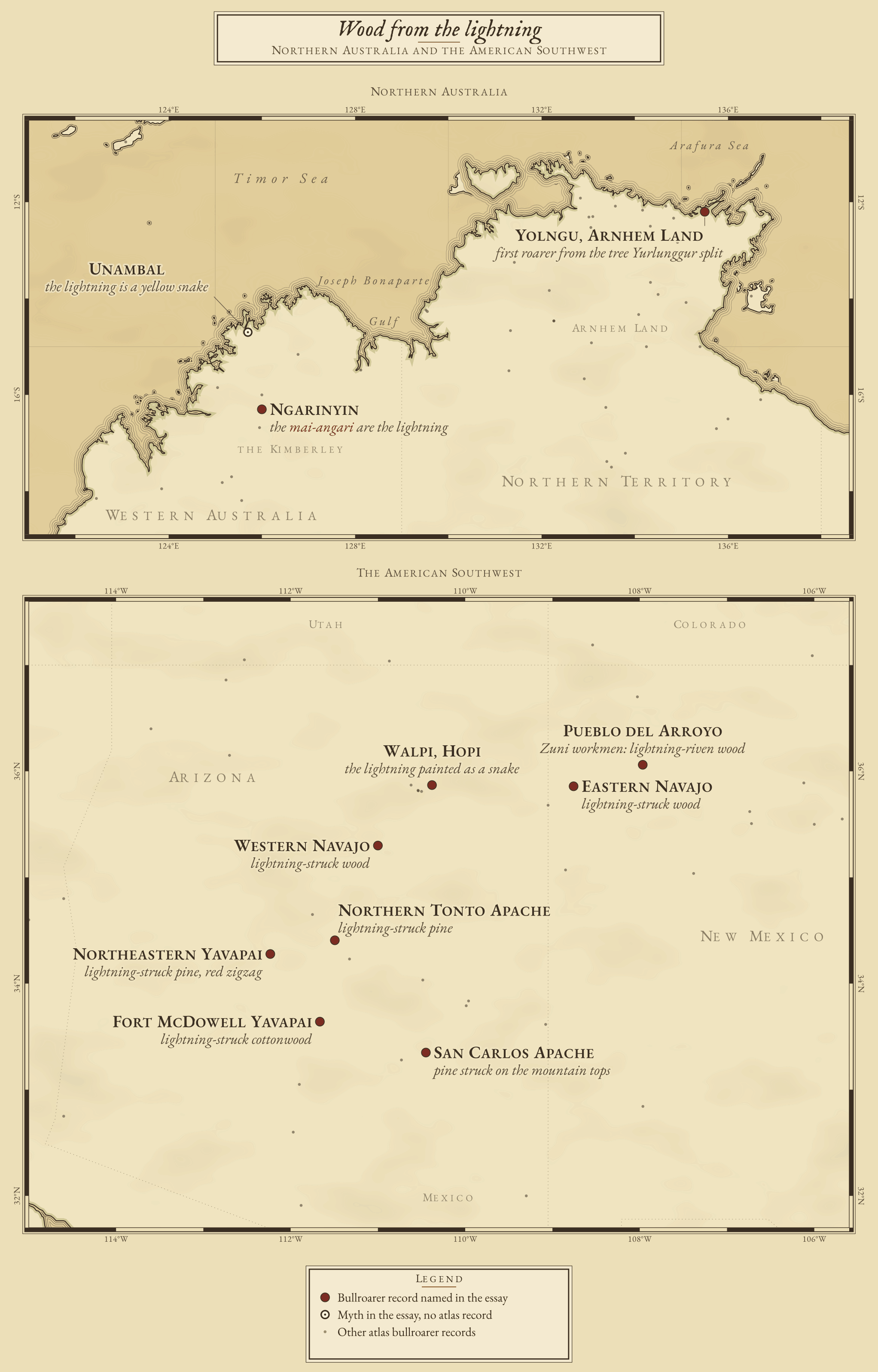 Engraved chart in two sheets. Above, northern Australia: brick signs mark the Yolngu of Arnhem Land, whose first bullroarer came from the tree the serpent Yurlunggur split, and the Ngarinyin of the Kimberley, whose boards are the lightning; an ink ring marks the Unambal, for whom the lightning is a yellow snake. Below, Arizona and New Mexico: brick signs mark the Western and Eastern Navajo, Walpi Hopi, Northern Tonto and San Carlos Apache, the Northeastern and Fort McDowell Yavapai, and Pueblo del Arroyo in Chaco Canyon, each with its lightning-struck or lightning-marked bullroarer.