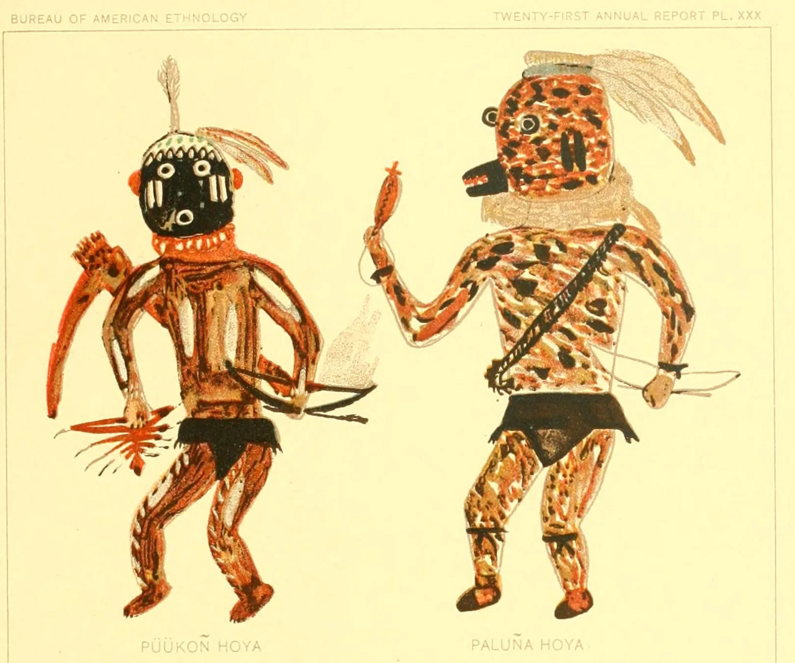 A colour plate of two katsina figures drawn by a Hopi artist: at left a black-faced figure with a feather crest and bow, at right a spotted figure with a beaked snout and bandolier.