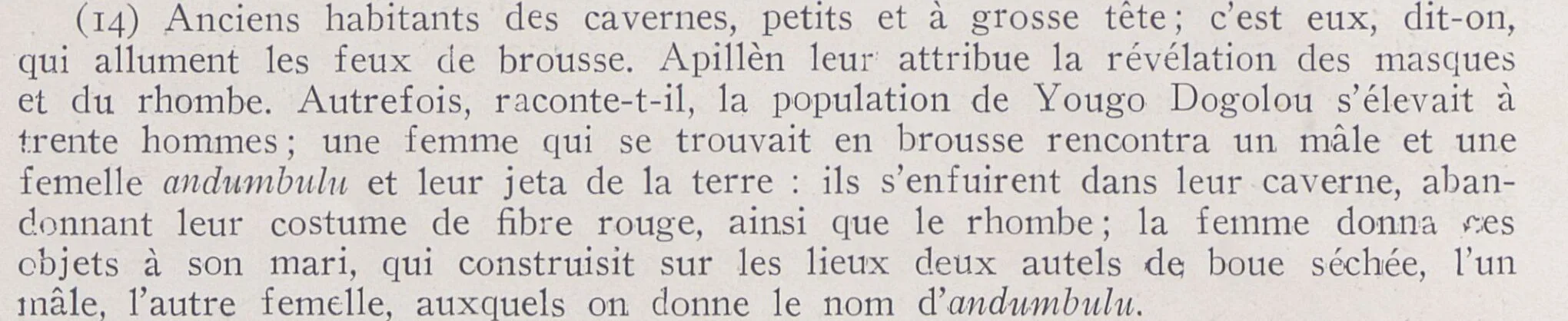 A strip of printed French text: Leiris's footnote 14 on the andumbulu.
