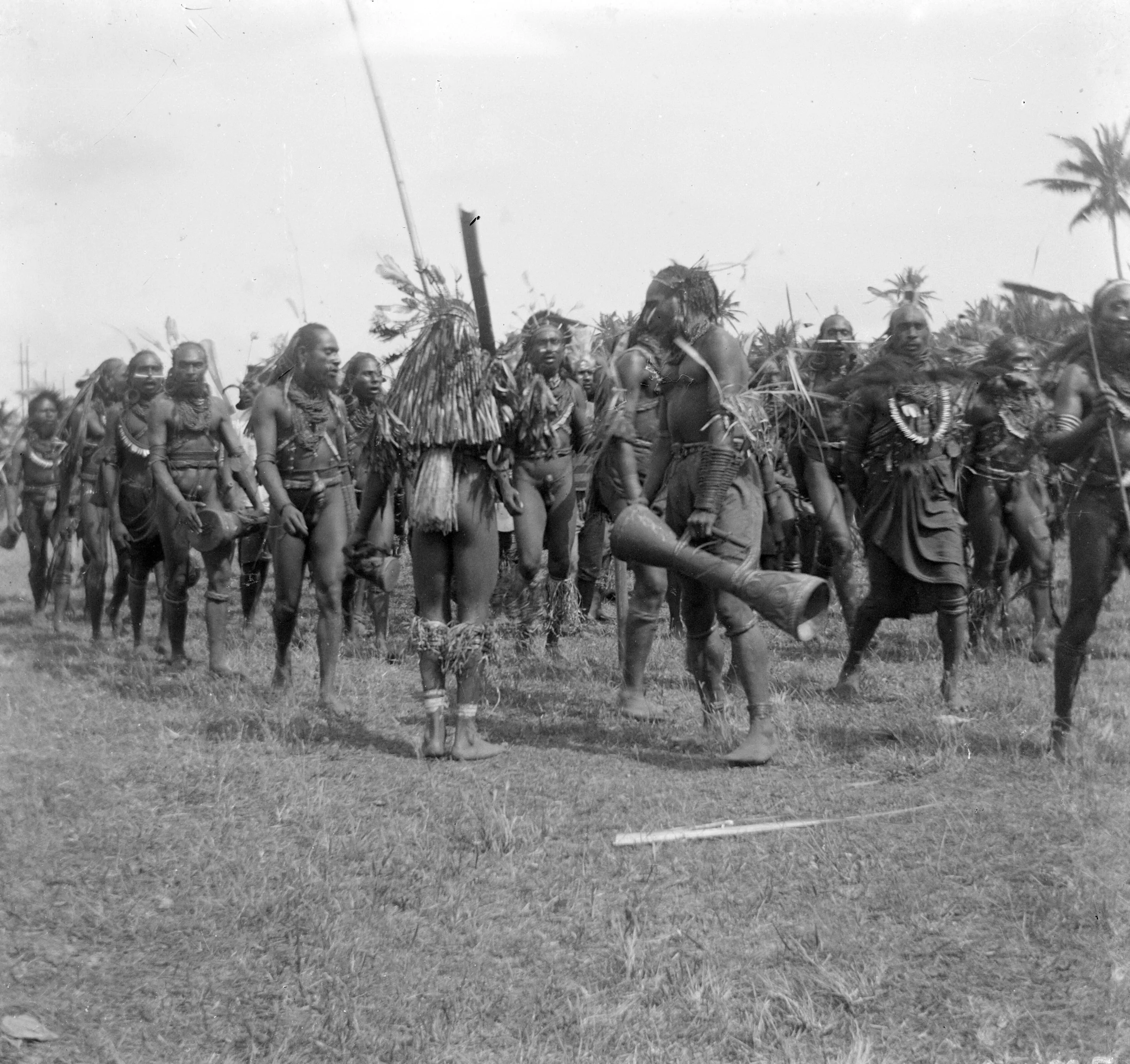 A black-and-white photograph of a column of decorated Marind men dancing across a grass field, with dog-tooth necklaces, long hair extensions, hourglass drums and a tall back ornament.
