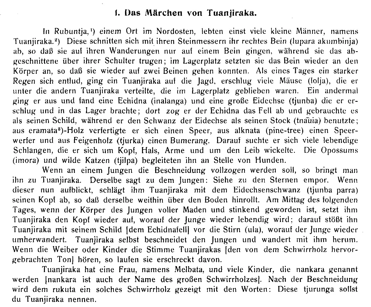 A printed page of German text headed 'Das Märchen von Tuanjiraka', with footnotes.