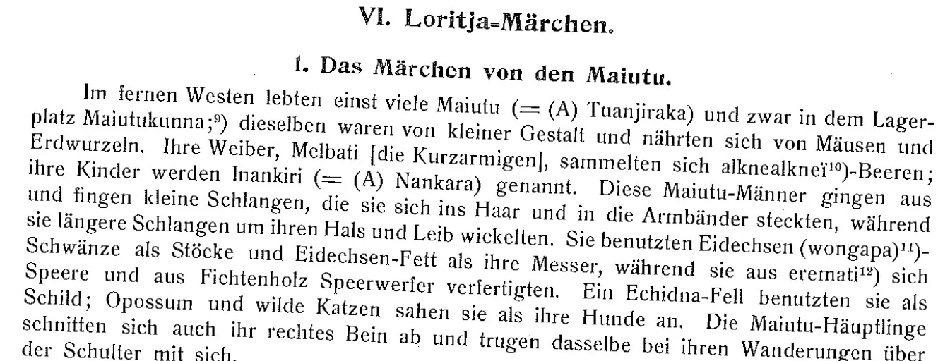 A strip of printed German text: the heading 'VI. Loritja-Märchen. 1. Das Märchen von den Maiutu' and the opening paragraph.