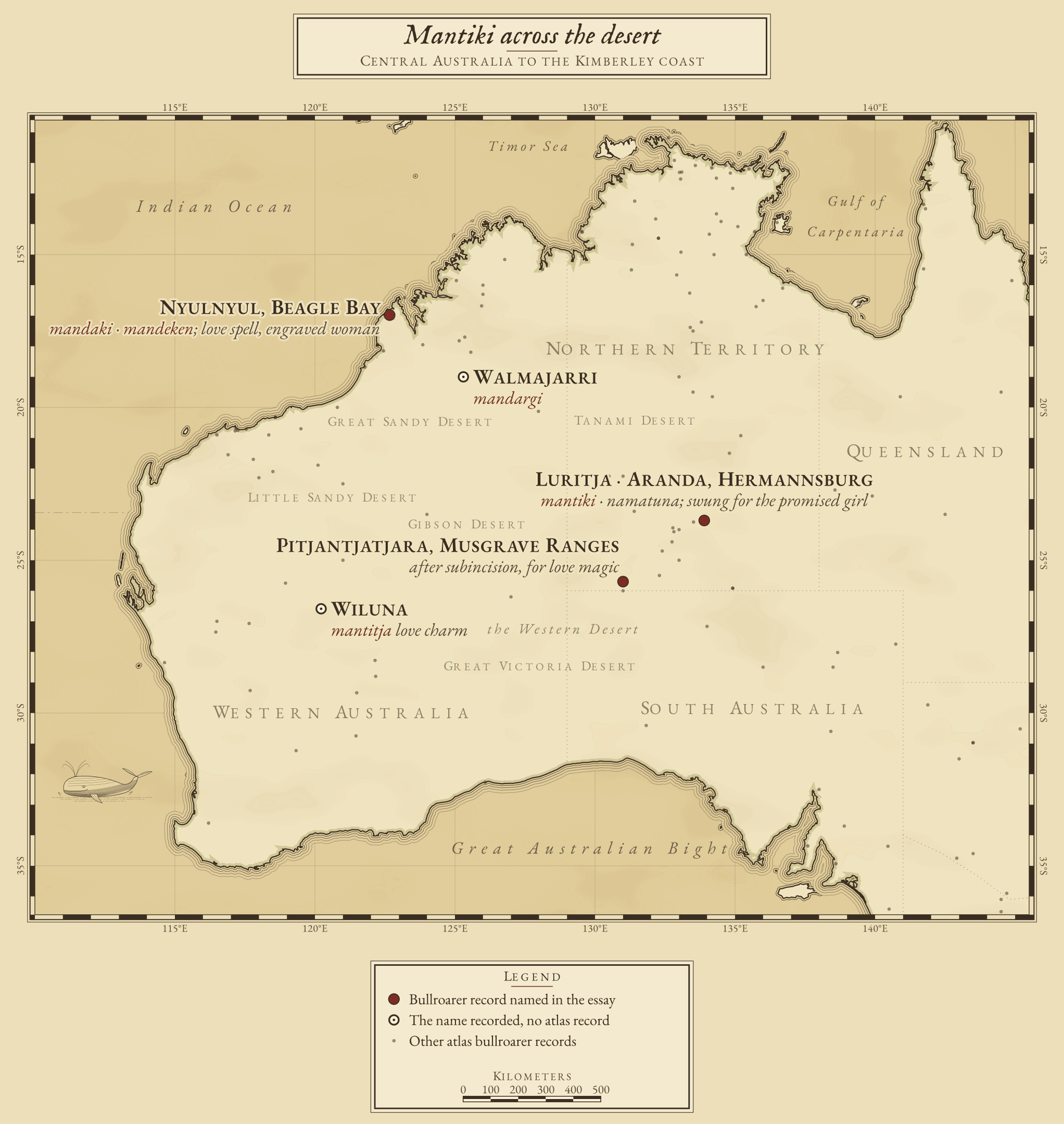 Engraved chart of western and central Australia with the states and the Northern Territory named and the deserts lettered. Brick signs mark the three bullroarer records: Luritja and Aranda mantiki at Hermannsburg, Pitjantjatjara in the Musgrave Ranges, and Nyulnyul mandaki at Beagle Bay on the Kimberley coast. Ink rings mark Walmajarri mandargi in the Great Sandy Desert and the Wiluna mantitja love charm, which have no atlas record.