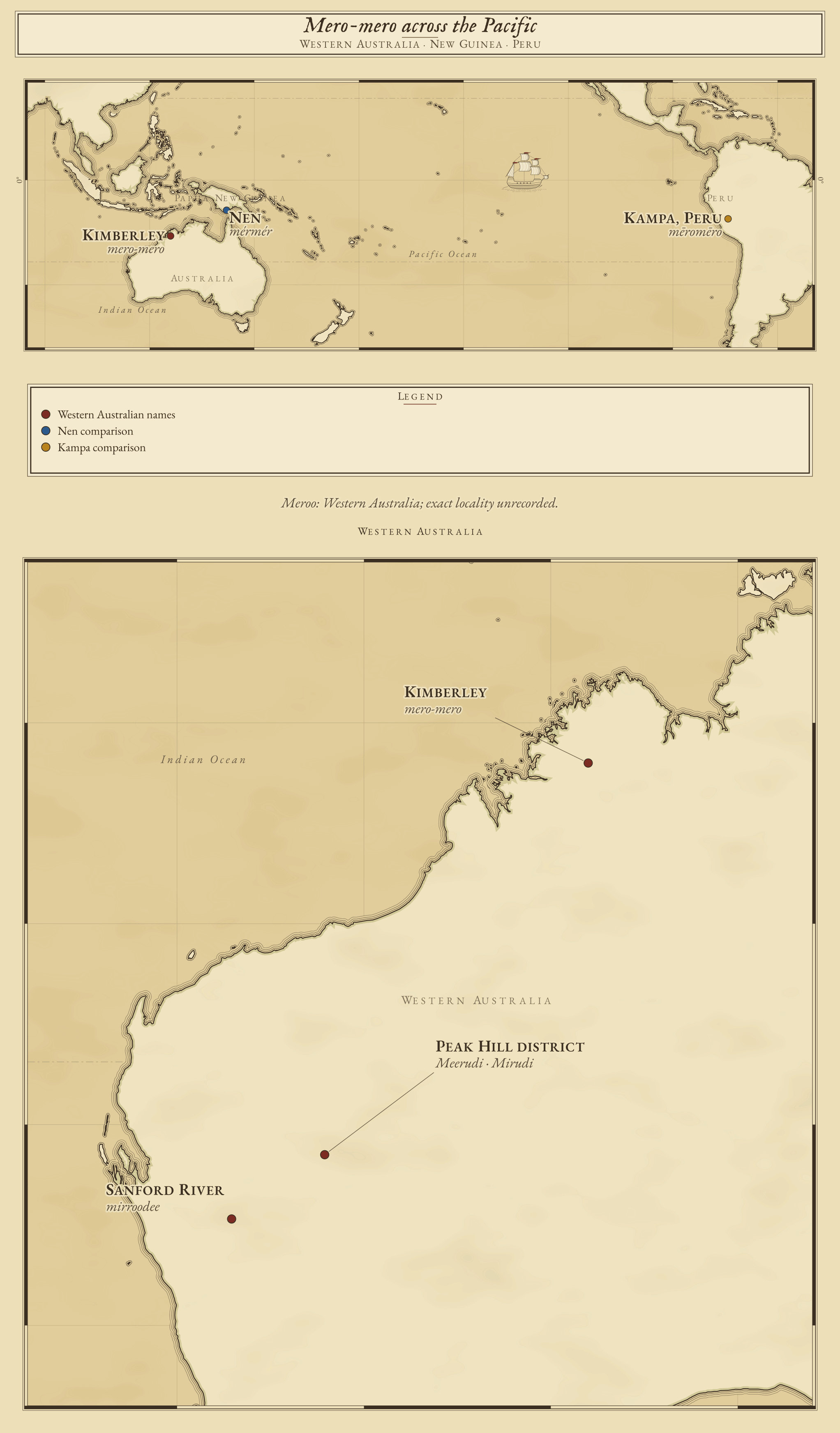 Pacific-centered world chart locating Western Australian mero-mero names, Nen mérmér in Papua New Guinea, and Kampa mēromēro in Peru. A Western Australia inset separates the Kimberley, Sanford River and Peak Hill district.