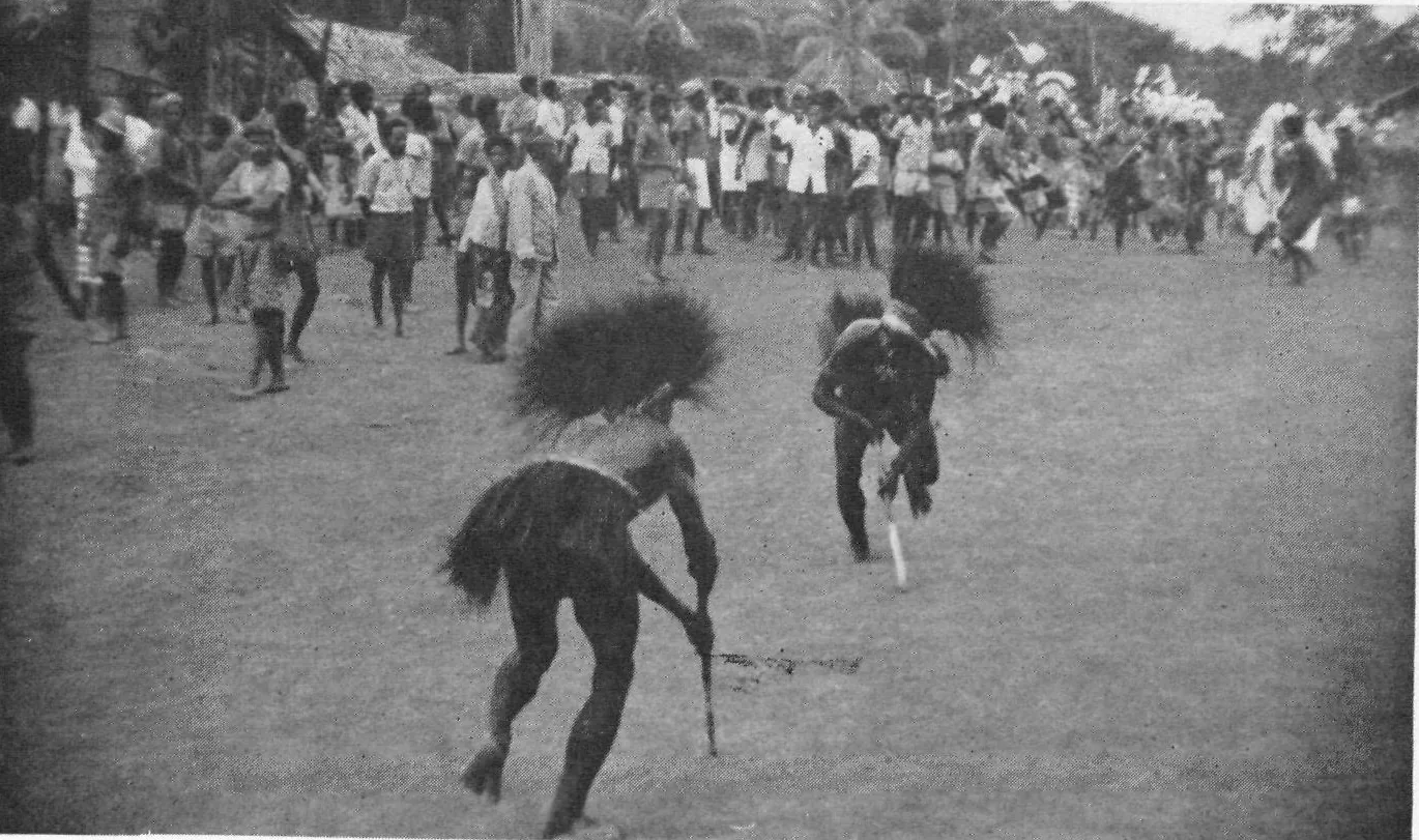 Two men blackened all over and crowned with shaggy cassowary plumes run crouching across the feast square, with a crowd and a feathered procession behind them.