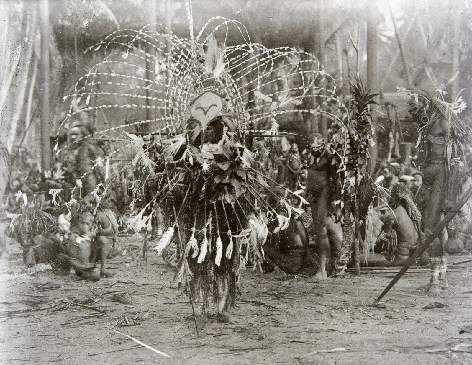 An archival photograph shows a Marind-anim performer in a towering headdress and body covering of feathers and fibre, with seated men watching behind him in a sandy clearing.