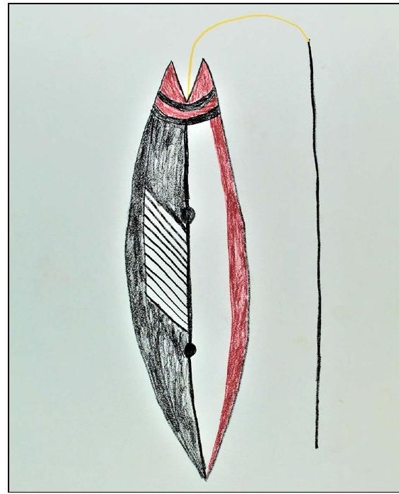 Drawing of a black and red fish-form blade, a long curved yellow cord and a tall narrow whirling pole.