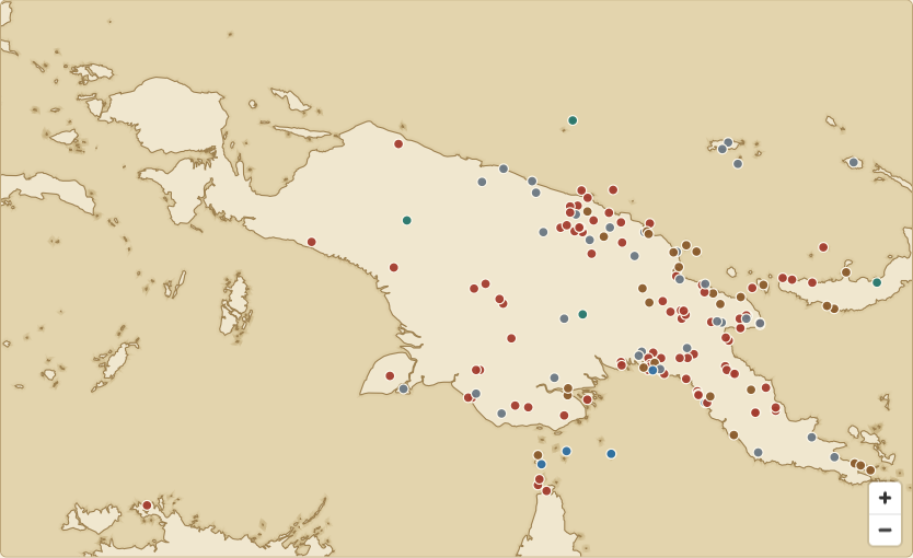 Bullroarer attestations spread across Indonesian Papua, Papua New Guinea, the Torres Strait and adjacent islands.