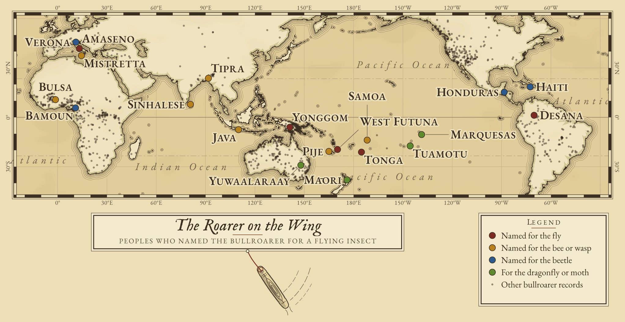 Engraved world chart of the peoples who named the bullroarer for an insect: the fly in Polynesia, New Guinea, Italy and Colombia; the bee in Samoa, Java, New Caledonia, Sicily, Bengal, Sri Lanka and Ghana; the beetle in Cameroon, Haiti, Honduras and the Veneto; the dragonfly, moth or cicada in Australia, the Tuamotus, the Marquesas, New Zealand, Cyprus and Nias. Faint dots mark every other atlas record.