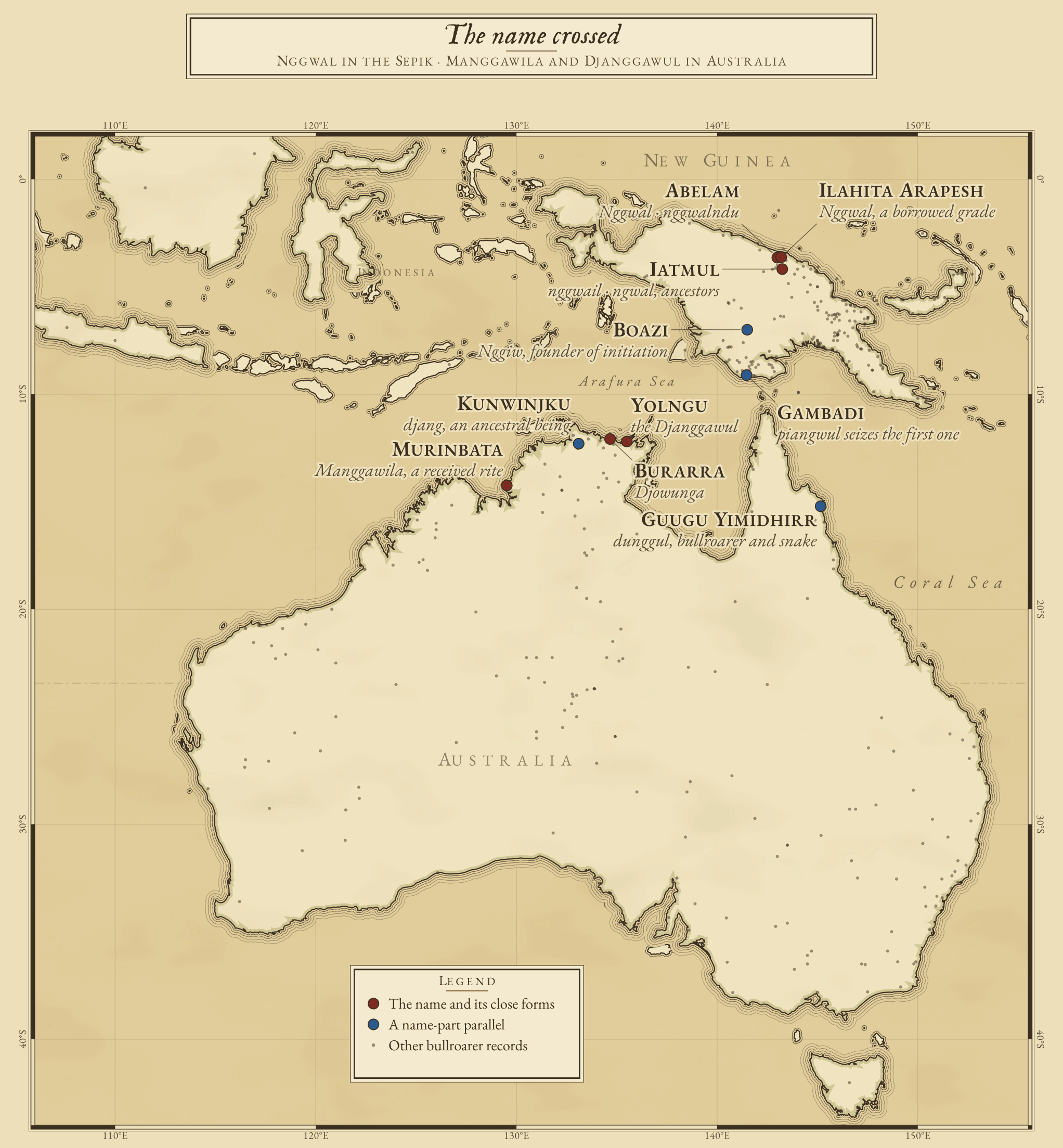 Sacred names on both shores: Nggwal and its family in the East Sepik of Papua New Guinea; Manggawila, Djanggawul and Djowunga in northern Australia; and shorter name-part parallels in the Middle Fly, Trans-Fly, Cape York and western Arnhem Land.