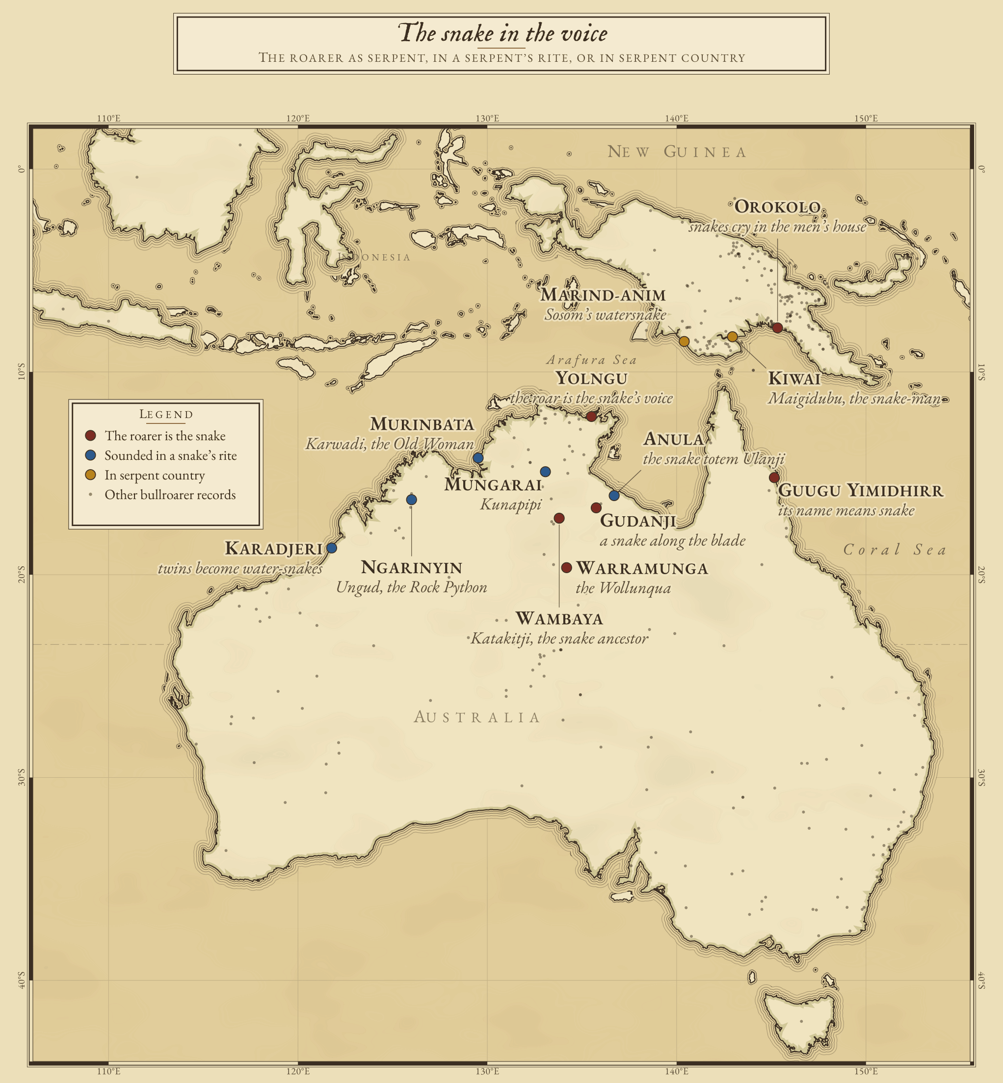 Serpents and the bullroarer on both shores: the roarer is the serpent or its voice; it is sounded in a serpent’s rite; or it belongs to a cult whose myths are full of serpents.