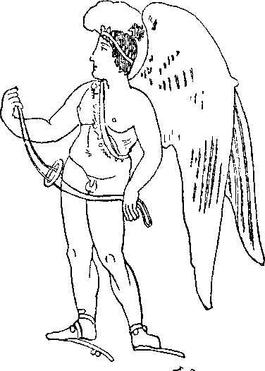 A line drawing of winged Eros, standing, whirling a small slat on a long cord.