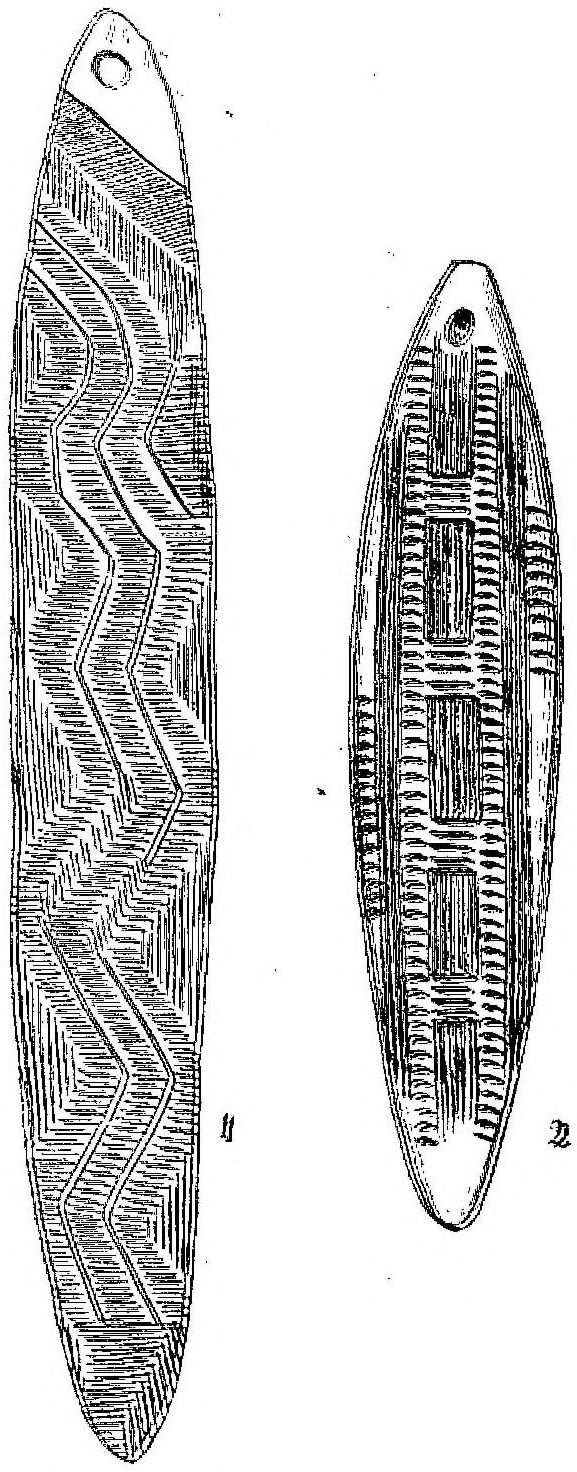 Two long pointed blades drawn side by side: on the left an Australian churinga covered in zigzag lines, on the right the Lalinde blade with ranked lines and ticks, pierced near the top.